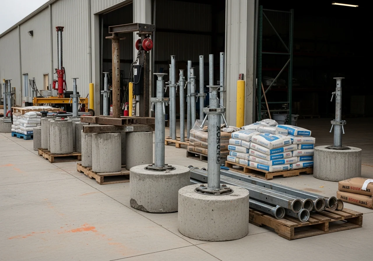 Foundation repair crew and tools on a residential job site, showing concrete piers and structural support equipment ready for installation.