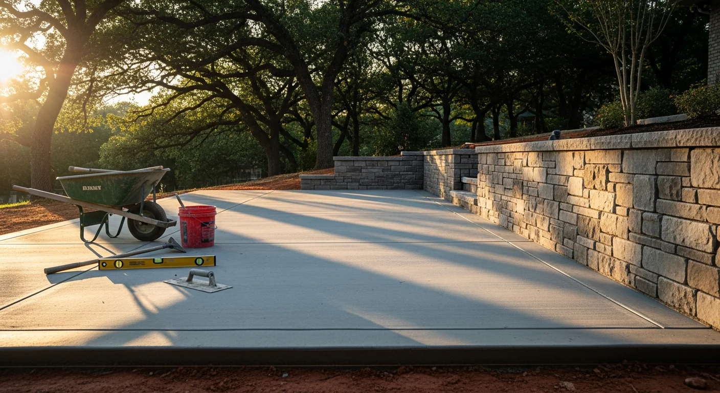 Concrete hardscape installation with retaining walls and outdoor living space