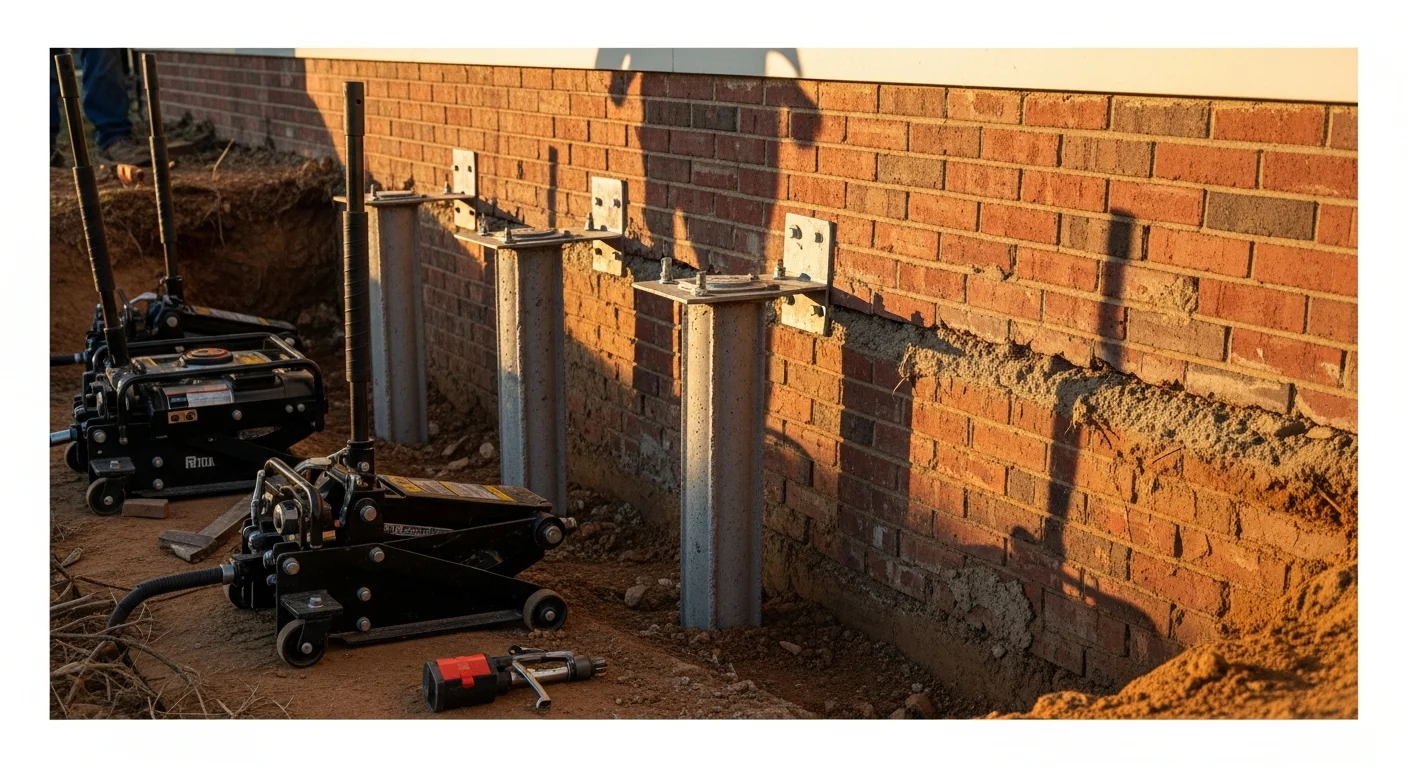 Foundation repair work showing concrete piers and structural support installation