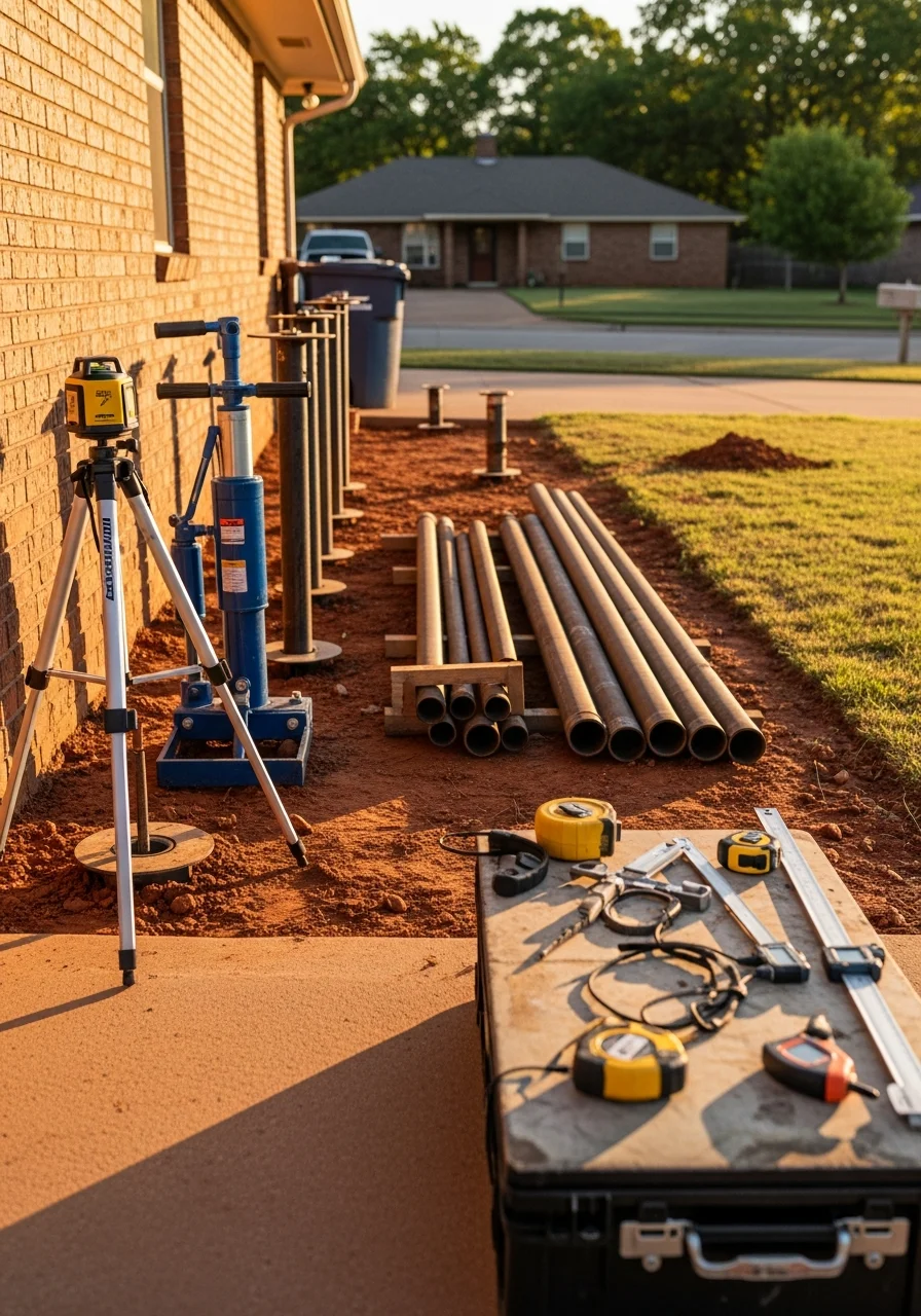 Service technician with equipment at Broken Arrow residential driveway.