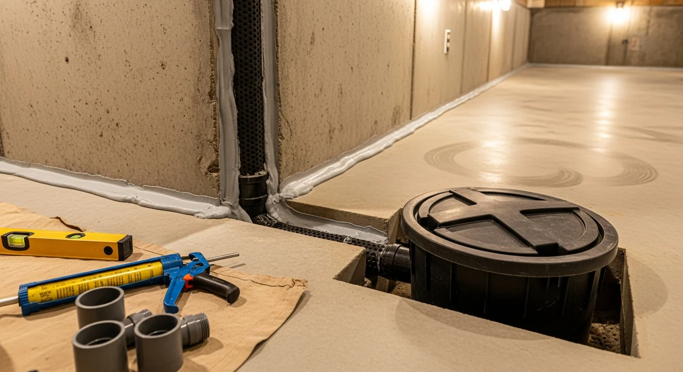 A dry, clean basement interior in a Wagoner County, Oklahoma home after professional waterproofing work, showing sealed concrete walls and a moisture-free floor. Interior drainage channels run along the base of the walls, directing water away from the foundation.