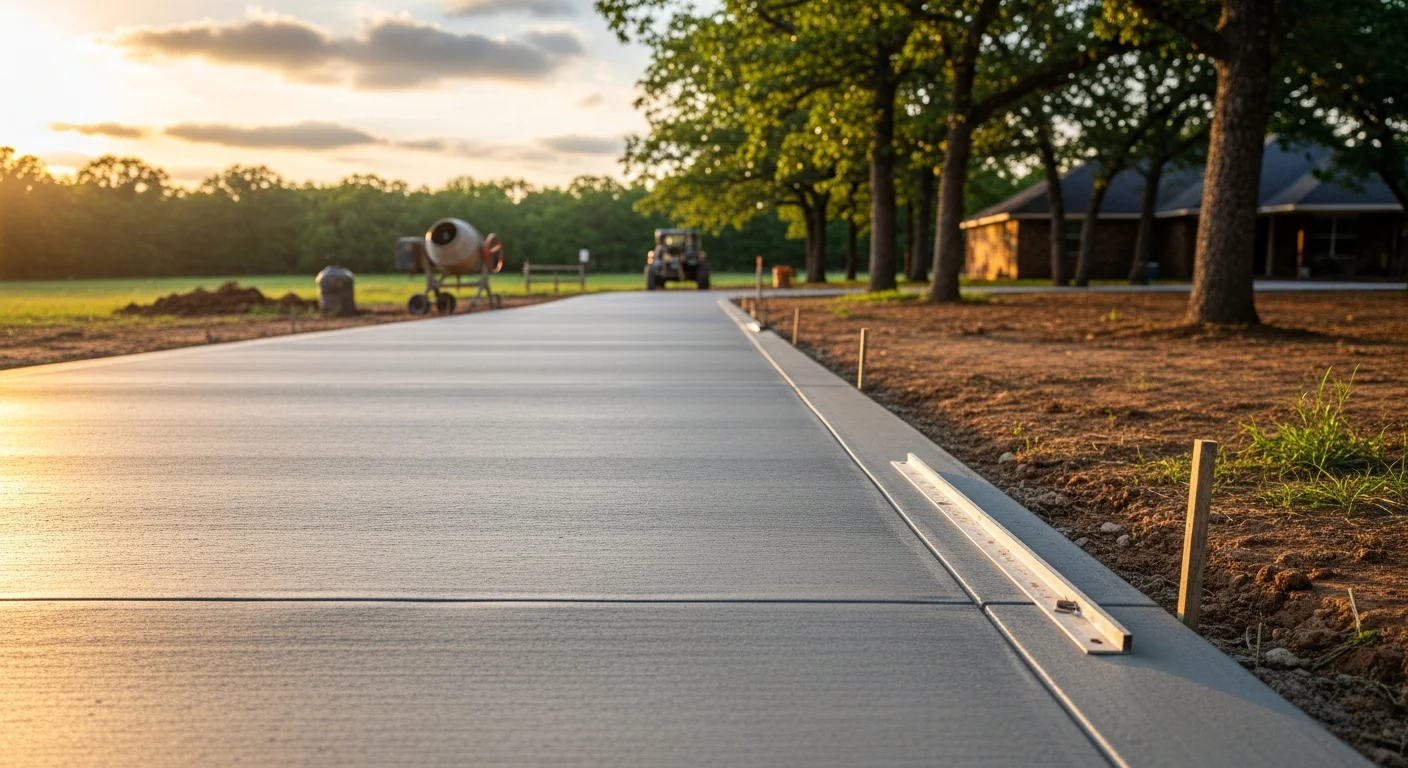 A freshly poured concrete driveway and patio slab at a residential property in Wagoner County, Oklahoma, with smooth finished edges and a clean border along a grassy yard. The surface shows proper slope and drainage away from the home's foundation.