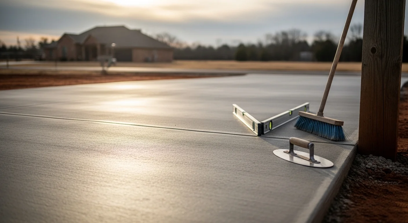 A freshly broom-finished concrete driveway slab at a residential property in Wagoner County, Oklahoma, with clean edges and a slight drainage slope away from the garage. The surrounding yard shows the area's characteristic clay soil and open lot typical of Wagoner County neighborhoods.