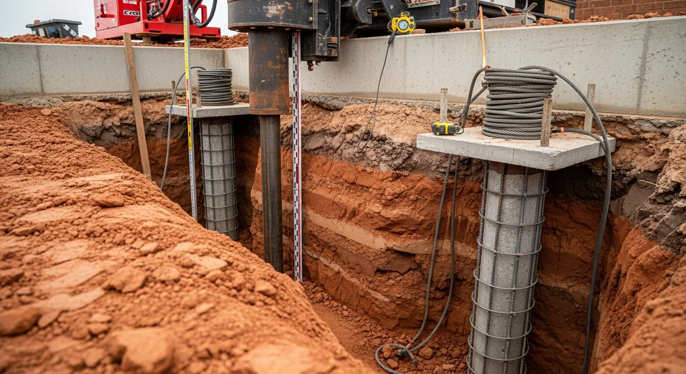 A concrete pier installed beneath a residential foundation in Tulsa County, Oklahoma, with excavated soil visible alongside the footing. The pier extends downward through clay soil toward a stable load-bearing layer.