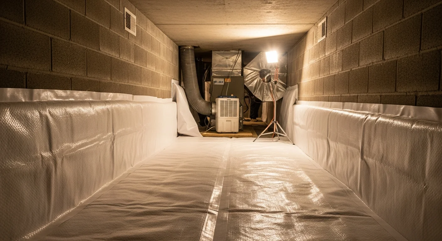 A clean, fully encapsulated crawlspace beneath a Wagoner County home, with white vapor barrier covering the floor and foundation walls. The sealed space shows no visible moisture, exposed soil, or open vents.
