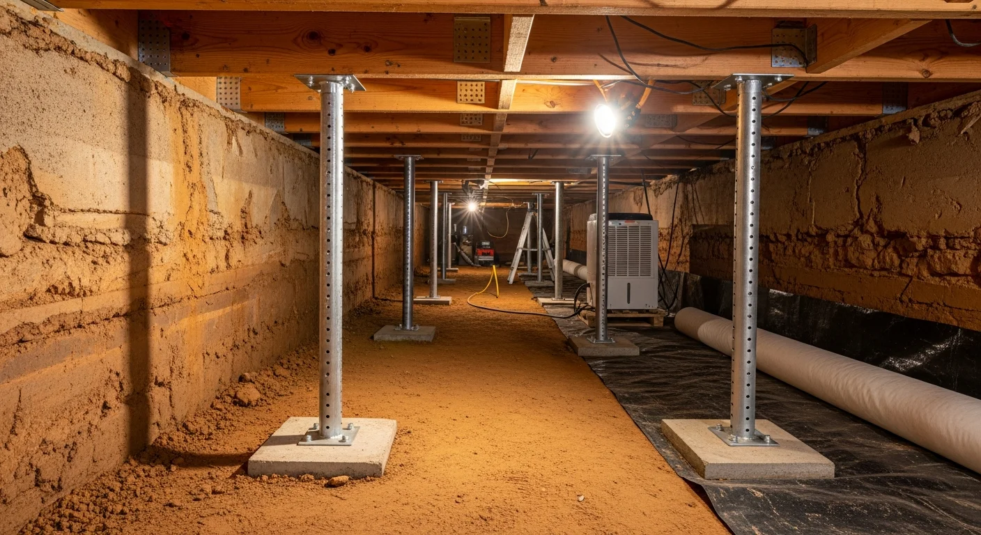 A repaired crawlspace beneath a Wagoner County home showing stabilized floor joists and a clean, dry subfloor area. A technician from Master Lift Foundation inspects the structural supports after completing crawlspace repair work.
