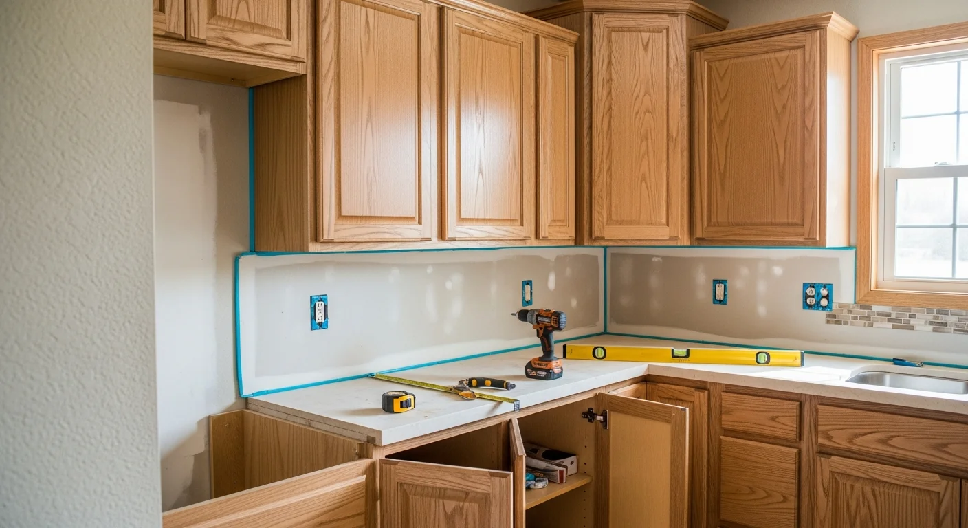 Newly installed custom kitchen cabinets in a single-family home in Wagoner County, Oklahoma, showing floor-to-ceiling cabinet runs with clean trim lines and hardware. Master Lift Foundation completed the installation as part of a full kitchen remodel in the Wagoner area.