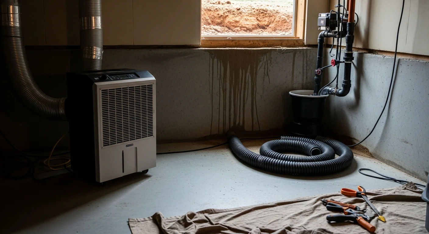 A dry, clean crawlspace beneath a Wagoner County home after a drainage system installation, showing clear soil and no standing water. Exterior view of a basement wall with a properly graded yard directing water away from the foundation.