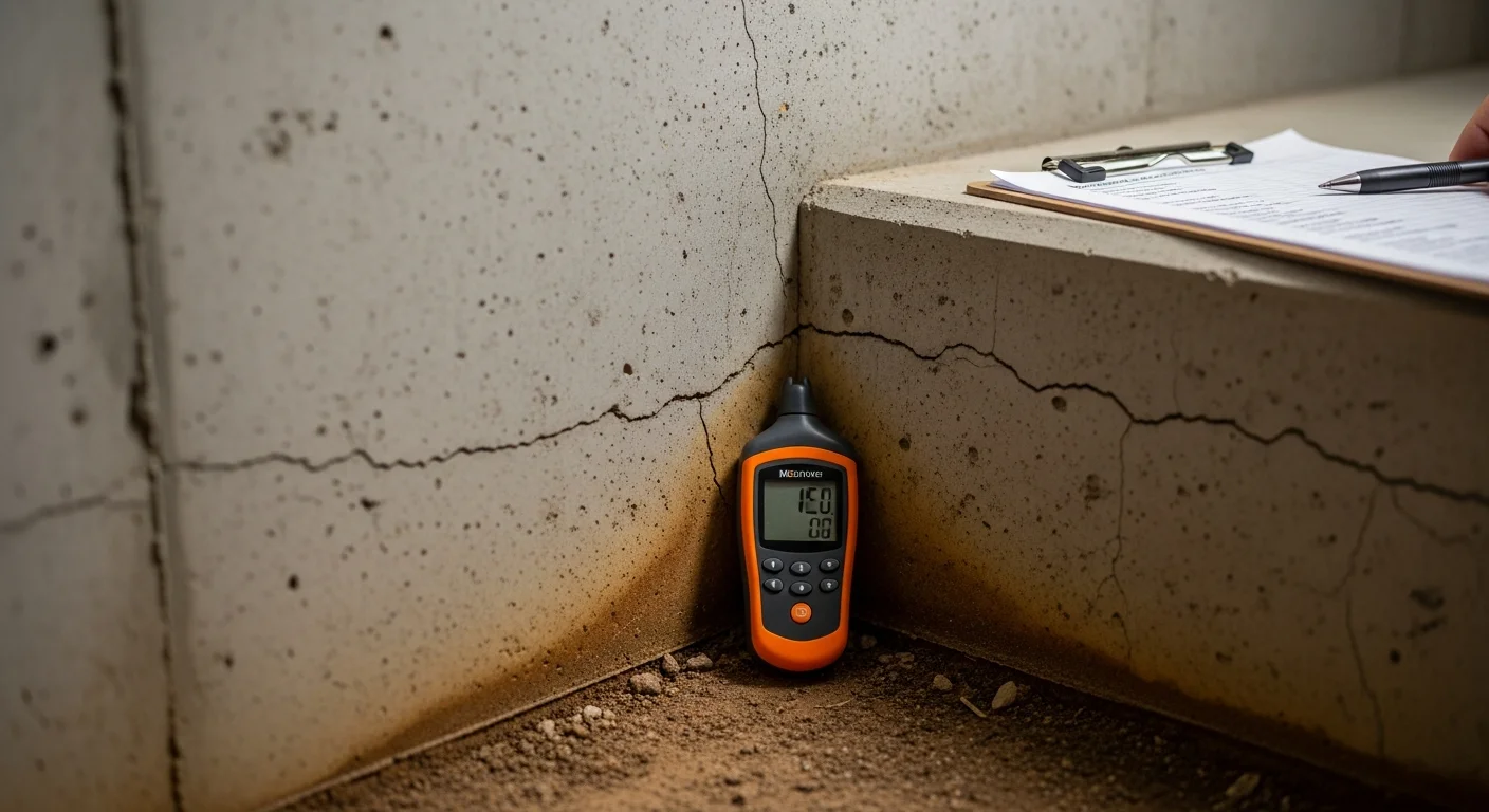 A foundation repair specialist from Master Lift Foundation examining a concrete slab foundation at a residential home in Wagoner County, Oklahoma. The inspector reviews a visible crack along the base of the exterior wall while taking notes on a clipboard.