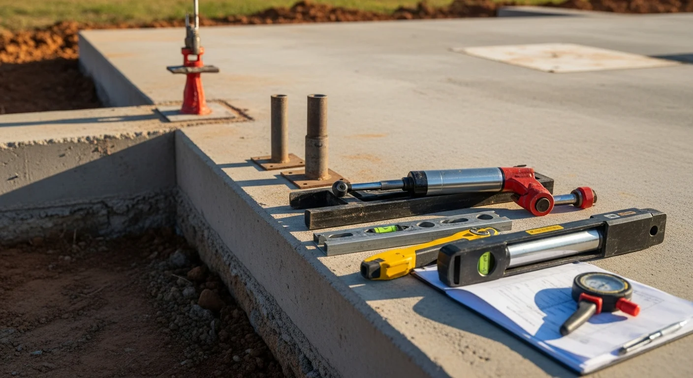 A foundation repair technician inspecting a cracked concrete slab foundation on a residential home in Tulsa County, Oklahoma. Visible settlement cracks run along the base of the exterior wall near the soil line.