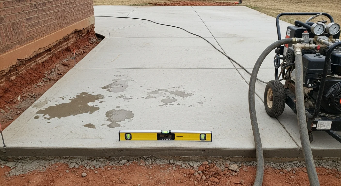 A concrete driveway slab in Wagoner County, Oklahoma being lifted and leveled through the mudjacking process, with small injection holes visible in the surface. The before-and-after view shows the sunken panel raised flush with the adjoining concrete.
