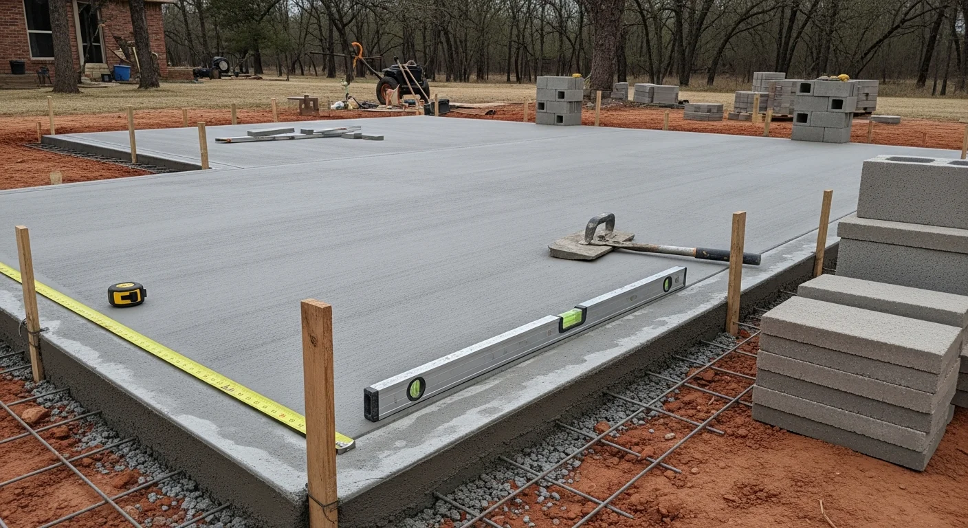 A finished outdoor kitchen with a concrete countertop and reinforced slab base installed in a residential backyard in Wagoner County, Oklahoma. The structure sits on a level hardscape surface with a grilling station and storage built into the concrete frame.