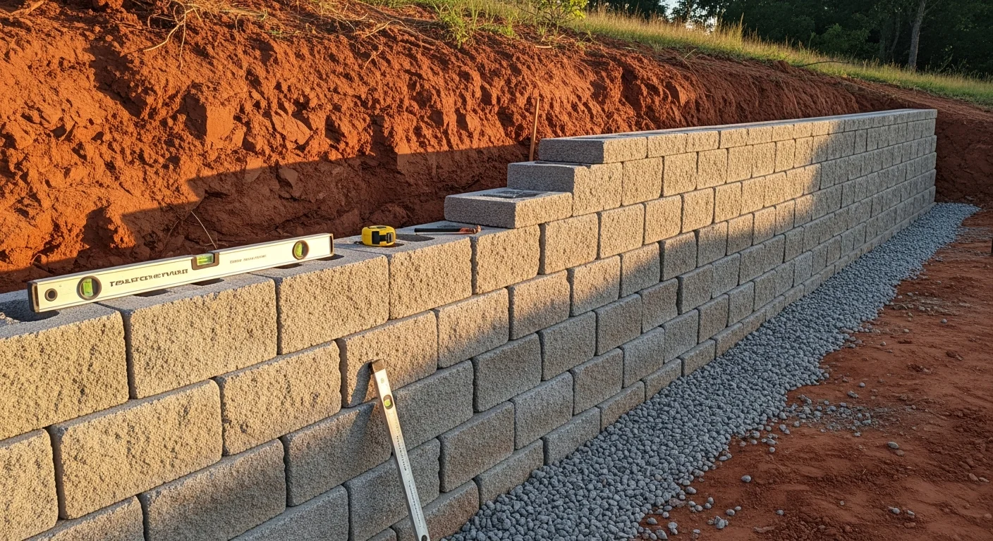 A finished concrete retaining wall holding back a sloped residential yard in Wagoner County, Oklahoma, with level ground restored behind it. The wall shows clean horizontal lines and a compacted base along a property edge bordered by red clay soil.