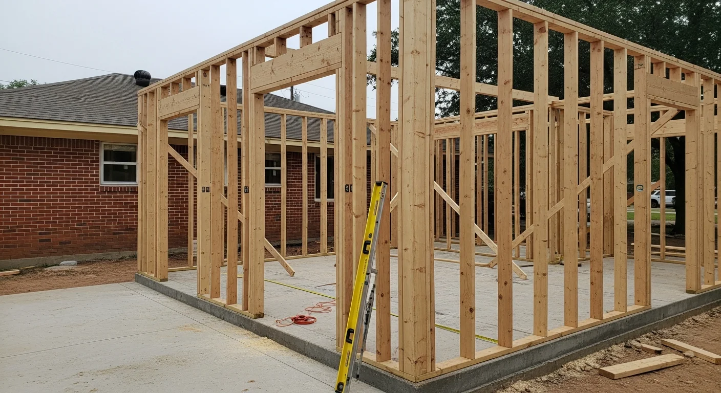 A newly completed room addition on a ranch-style home in Wagoner County, Oklahoma, showing a framed exterior wall that matches the existing siding and roofline. The addition extends the home's footprint onto a flat residential lot typical of the Wagoner County area.