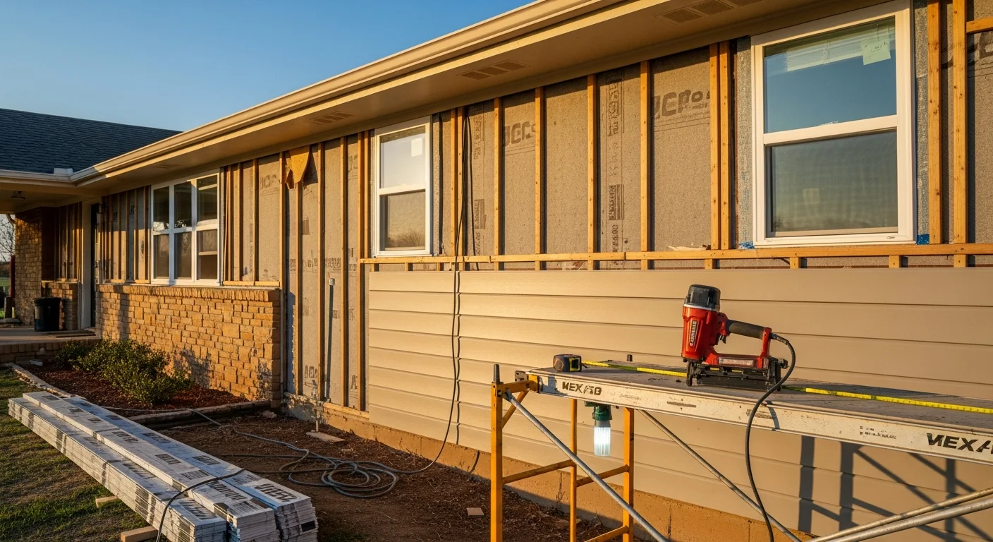 New siding installed on a single-story ranch-style home in Wagoner County, Oklahoma, with a clean exterior finish and no visible gaps or damage. The home sits on a residential lot typical of the Wagoner City and Coweta areas.
