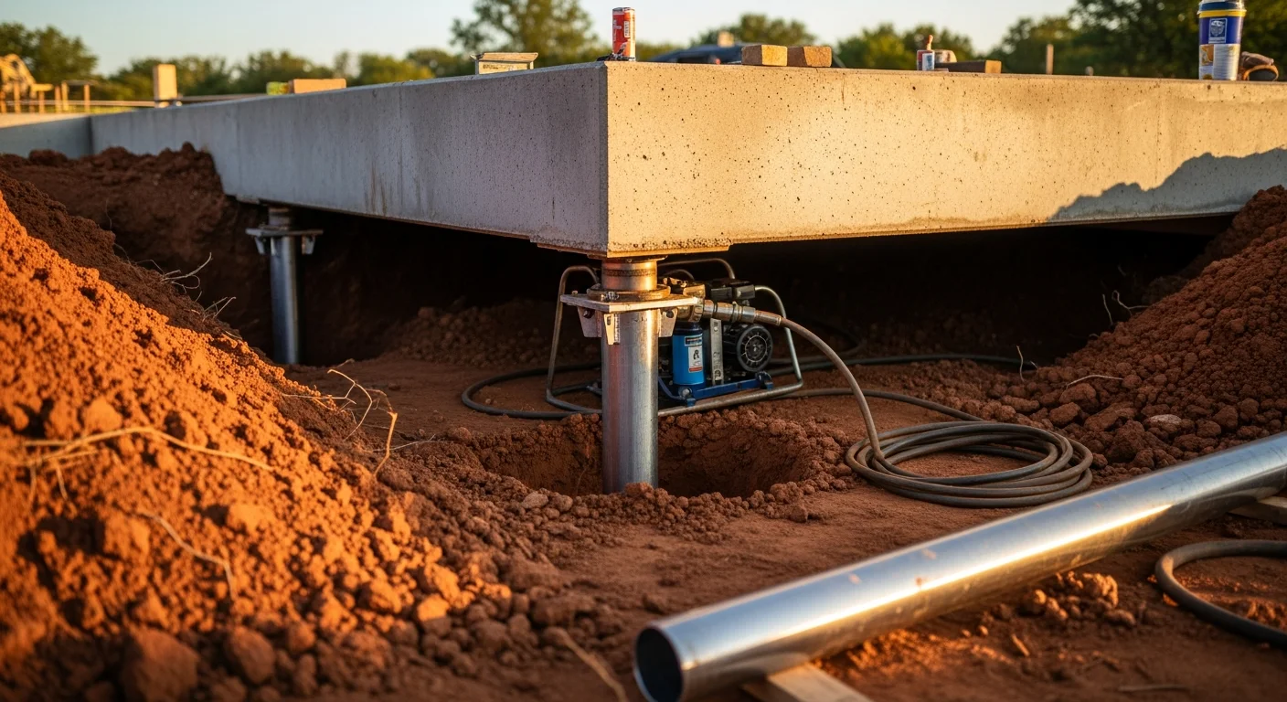 A steel pier bracket secured to a residential foundation footing in Tulsa County, Oklahoma, with compacted clay soil visible around the excavated access point.