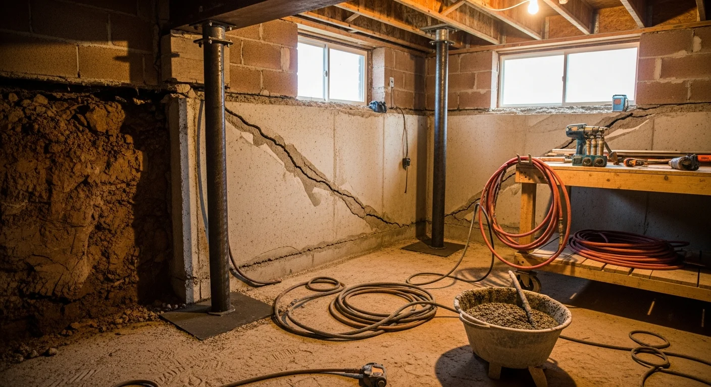 A Wagoner County home foundation with a repaired and stabilized concrete wall showing pier bracket hardware installed at the base. The surrounding soil has been backfilled after structural repair work was completed.