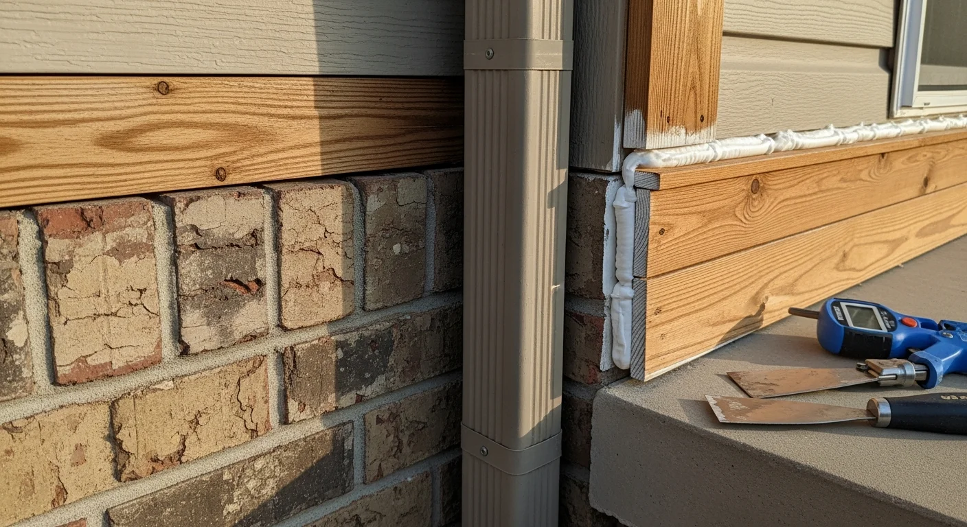 Repaired exterior window frame on a Wagoner County home showing solid, smooth wood after rot removal and restoration. Close-up view of the finished surface ready for paint, with no visible decay or soft spots remaining.